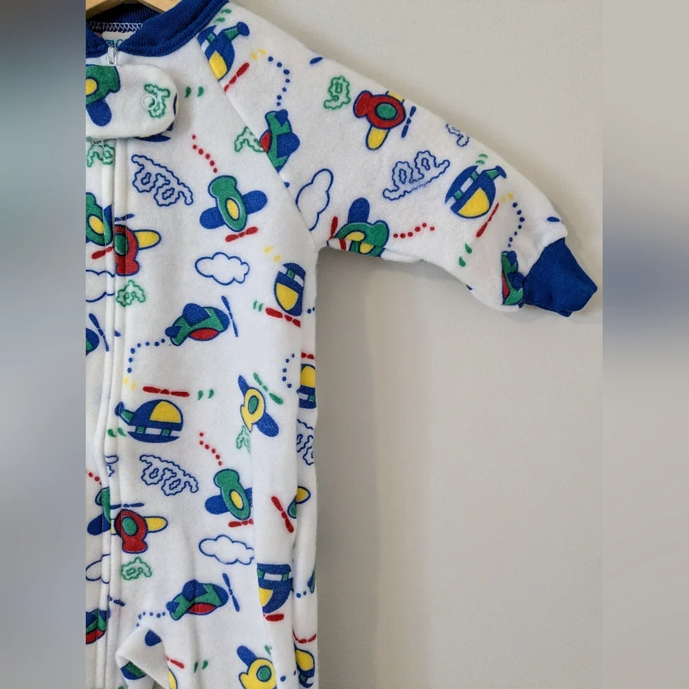 Vintage Carter's Airplane Cloud Helicopter Print 80s Fleece Pajamas Size 18M